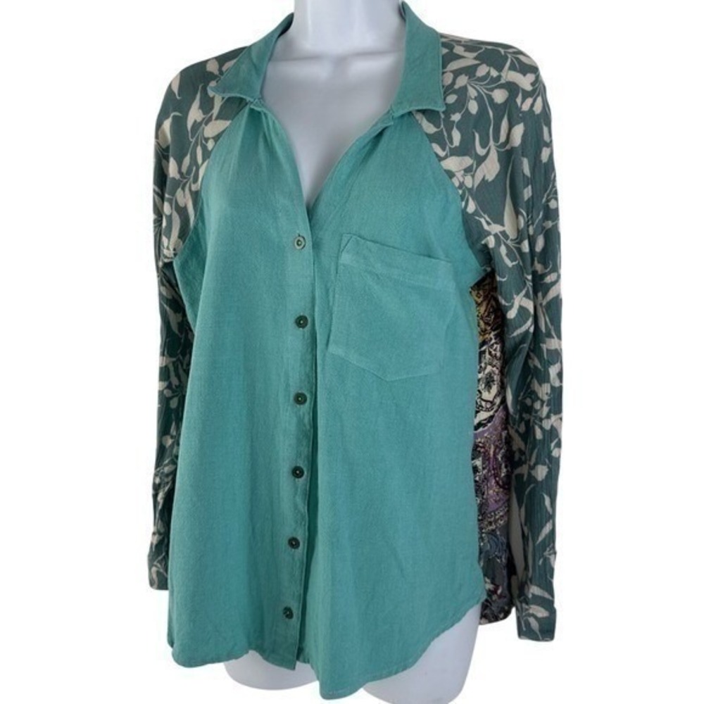 Bad Little Country Girl Button Down Women S Teal Mixed Media Paisley Linen Shirt